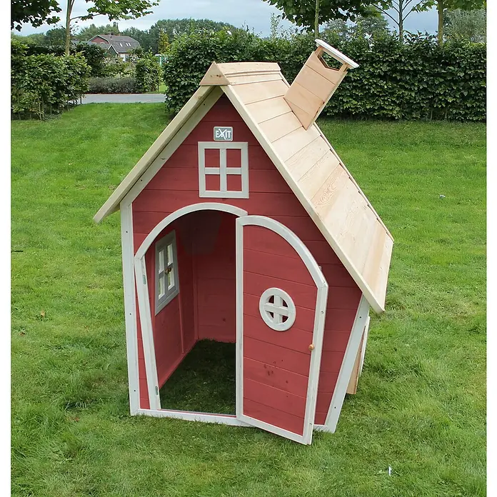 Exit Toys Spielhaus Fantasia 100 - L x B x H: 128 x 108 x 171 cm, Holz, Rot - Rotes Holzspielhaus mit Naturholz-Dach und Schornstein, offener Doppeltür.