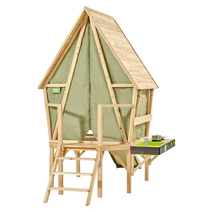 Exit Toys Spielhaus Yuki 350 - L x B x H: 256 x 148 x 219 cm, Holz, Natur/Grün - Holzspielhaus mit grünen Zeltwänden, Leiter und angebauter Matschküche mit Spüle und Zubehör.