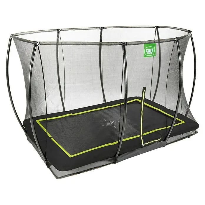 Exit Toys Trampolin Silhouette Bodentrampolin mit Sicherheitsnetz - Schwarz, 366 x 244 x 203 cm - Schwarzes, rechteckiges Trampolin mit neongelben Akzenten und Sicherheitsnetz.
