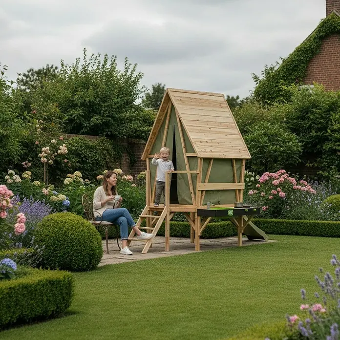 Exit Toys Spielhaus Yuki 350 - L x B x H: 256 x 148 x 219 cm, Holz, Natur/Grün - Hölzernes Spielhaus mit grünem Zelt und Matschküche, wo ein Kind spielt, während ein Erwachsener im Garten zuschaut.