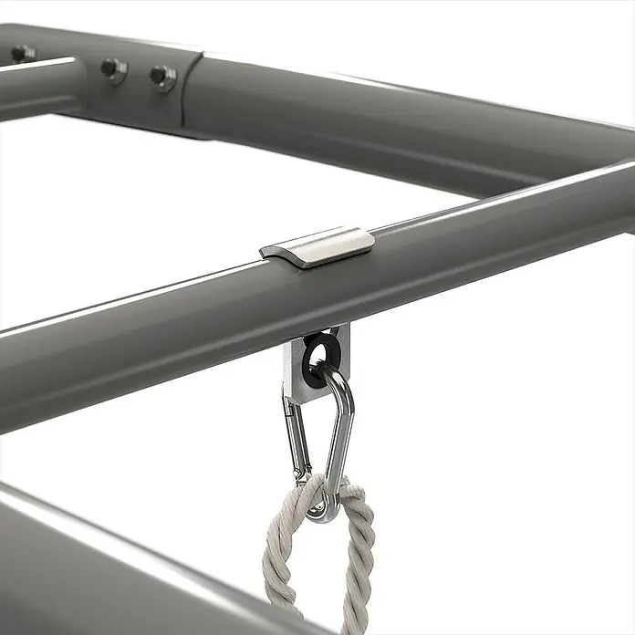 Exit Toys Schaukel GetSet Monkeybar MB110 - 173 x 115 x 248 cm, Stahl, Grau - Grauer Metallrahmen mit silberner Aufhängung, Karabiner und weißem Seil.