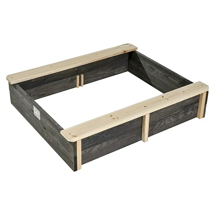 Exit Toys Sandkasten Aksent Behälter - 94 x 77 x 20 cm, Holz, Grau - Rechteckiges Hochbeet oder Sandkasten aus dunklem Holz mit hellen Naturholz-Oberkanten und vertikalen Stützen.