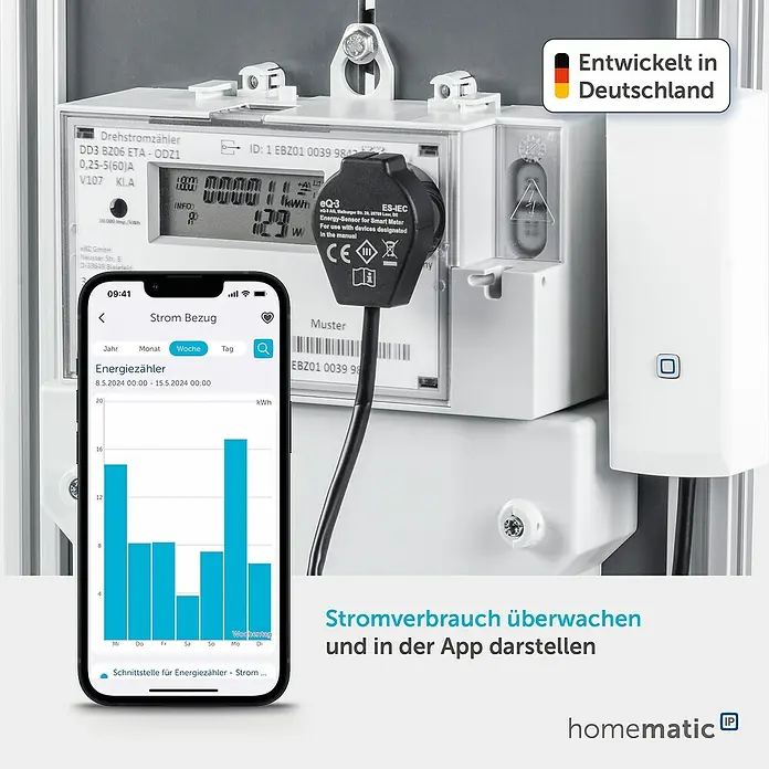 Homematic IP Kontakt-Schnittstelle HmIP-ESI-IEC für Smart Meter - Batteriebetrieben - Ein Smart-Meter-Sensor an einem Stromzähler, mit Smartphone-Anzeige eines Wochenverbrauchsdiagramms.