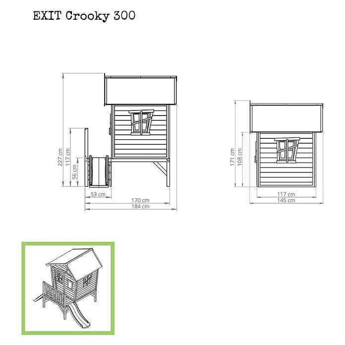 Exit Toys Spielhaus Crooky 300 - L x B x H: 269 x 184 x 227 cm, Holz, Grau/Beige - Technische Zeichnung eines EXIT Crooky 300 Kinderspielhauses mit Rutsche und erhöhter Plattform, inklusive Maße.