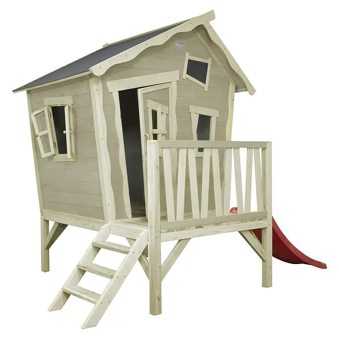 Exit Toys Spielhaus Crooky 300 - L x B x H: 269 x 184 x 227 cm, Holz, Grau/Beige - Erhöhtes Holzspielhaus in heller Ausführung mit dunklem Dach, Treppe, Balkon und roter Rutsche.