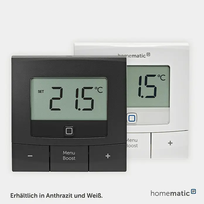 Homematic IP Funk-Raumthermostat HmIP-WTH-B - Anthrazit, Batteriebetrieben, 22 x 85 x 85 mm - Zwei Homematic IP Wandthermostate in Anthrazit und Weiß, zeigen Temperatur an und haben Bedientasten.