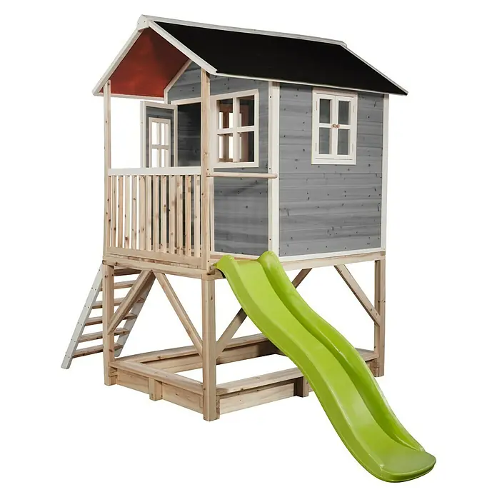 Exit Toys Spielhaus Loft 500 - L x B x H: 329 x 190 x 253 cm, Holz, Grau - Hölzernes Kinderspielhaus auf Stelzen mit grauem Hauptbau, weißer Verkleidung, schwarzem Dach und grüner Rutsche. Inklusive integriertem Sandkasten.