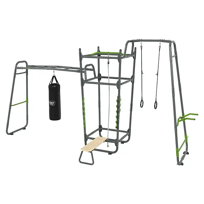 Exit Toys Klettergerüst Getset Powerstation PS610 - 606 x 225 x 322 cm, Stahl, Grau/Grün - Graues und grünes Outdoor-Multigym aus Metall mit Klettergerüst, Boxsack, Bank, Seil und Ringen.