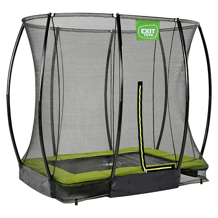 Exit Toys Trampolin Silhouette Bodentrampolin mit Sicherheitsnetz - Grün, 214 x 153 x 205 cm - Rechteckiges Trampolin mit schwarzer Sprungmatte, lindgrünen Polstern, schwarzem Netz und Stangen. Gelber Reißverschluss, EXIT TOYS Logo.