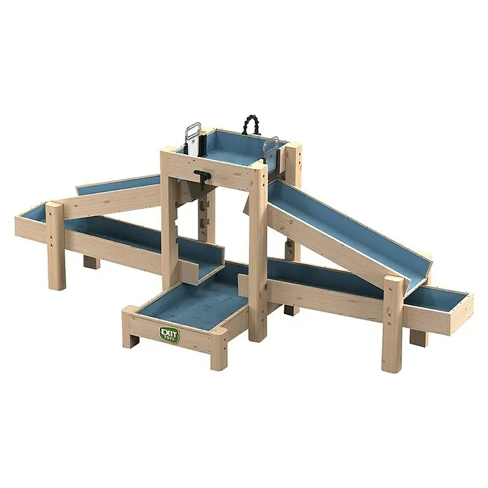 Exit Toys Wasserbahn Aquaflow - Holz, Natur/Blau, 221 x 73 x 90 cm - Hölzernes Sand- und Wasserspielset mit blauen Kunststoffrinnen und -becken für den Außenbereich.
