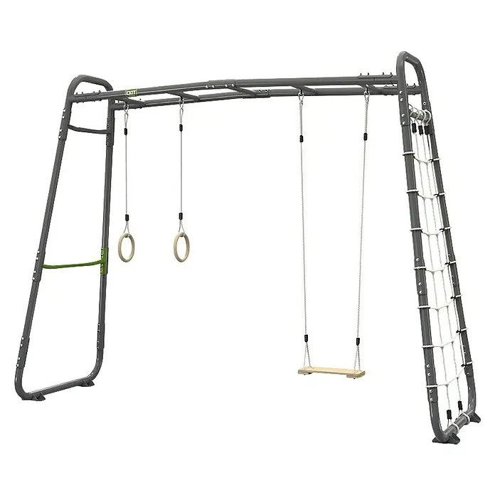 Exit Toys Klettergerüst GetSet Monkeybar MB210 - 331 x 115 x 248 cm, Stahl, Grau - Graues Metall-Klettergerüst und Schaukelset mit Turnringen, Holzschaukel und Strickleiter.