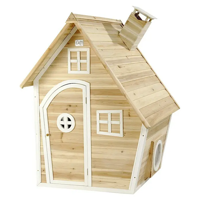 Exit Toys Spielhaus Fantasia 100 - L x B x H: 128 x 108 x 171 cm, Holz, Natur - Helles Holzspielhaus mit weißem Besatz, gewölbter Tür, mehreren Fenstern und Schornstein.