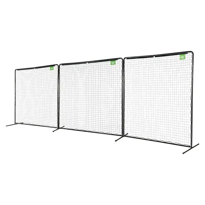 Exit Toys Sportnetz Backstop - 900 x 300 cm, Schwarz - Schwarzes modulares Netzwandsystem mit EXIT TOYS Logos, ideal für Sport oder als mobile Barriere.