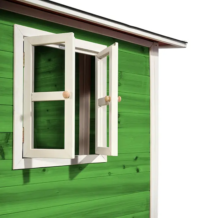 Exit Toys Spielhaus Loft 100 - L x B x H: 149 x 135 x 159 cm, Holz, Grün - Grüner Holzschuppen mit geöffnetem weißen Fenster, das Schatten im Inneren zeigt.