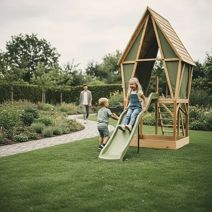 Exit Toys Spielhaus Yuki 550 - L x B x H: 337 x 148 x 246 cm, Holz, Natur/Grün - Hölzernes Spielhaus mit grüner Rutsche. Kinder spielen im Garten, ein Erwachsener geht im Hintergrund.