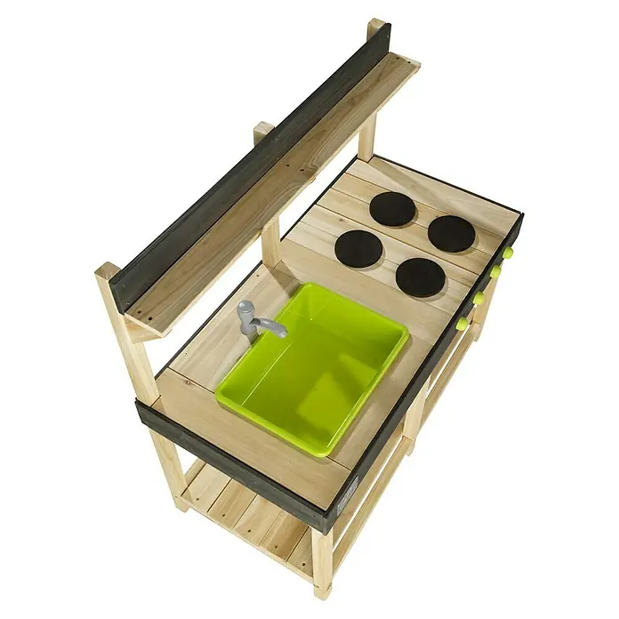 Exit Toys Matschküche Yummy 100 - 53 x 102 x 98 cm, Holz, Natur - Holzküche für Kinder mit hellem und dunklem Holz, grüner Spüle und schwarzen Kochplatten.