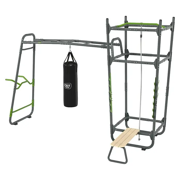 Exit Toys Klettergerüst GetSet Powerstation PS510 - 437 x 217 x 297 cm, Stahl, Grau/Grün - Grau-grünes Outdoor-Spielgerät mit Sprossenwand, Boxsack, Klettergerüst und Holzbank.