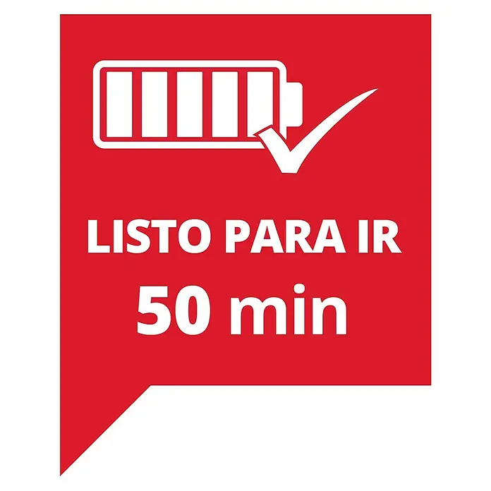 Einhell PXC 18V Batería y cargador 18V-Li - 18 V, 1 batería, 2,5 Ah - Gráfico rojo con icono de batería llena, marca de verificación y texto 'Listo para ir, 50 min'.