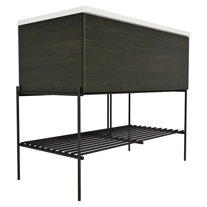 VitrA Equal Badmöbel-Set - Gesamtbreite Badmöbel: 103 cm, Weiß/Ulme, Glänzend, 3 -tlg., Mit Gestell und Schublade - Dunkler Holzwaschtisch mit weißer Platte und schwarzem Metallgestell mit integrierter Lattenablage.