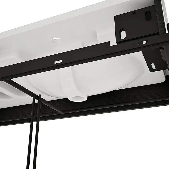 VitrA Equal Badmöbel-Set - Gesamtbreite Badmöbel: 103 cm, Weiß/Schwarz-Eiche, Glänzend, 3 -tlg., Mit Gestell - Unterseite eines weißen Waschbeckens mit schwarzem Metallrahmen und dunkler Holzablage.