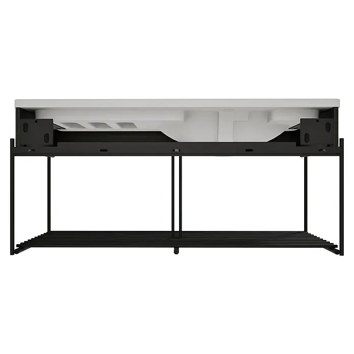 VitrA Equal Badmöbel-Set - Gesamtbreite Badmöbel: 103 cm, Steingrau/Ulme, Matt, 3 -tlg., Mit Gestell - Untersicht eines weißen Badwaschtisches mit dunklem Metallgestell und Lattenrostablage.