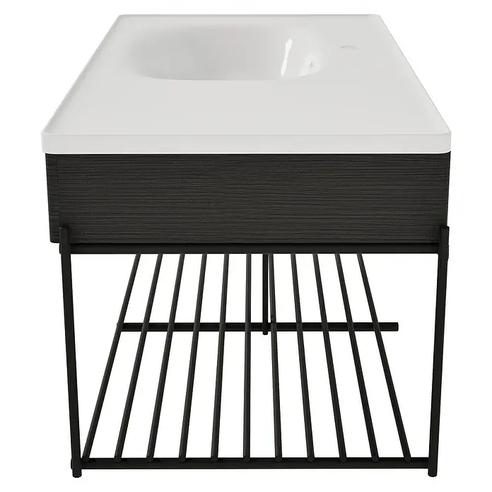 VitrA Equal Badmöbel-Set - Gesamtbreite Badmöbel: 103 cm, Weiß/Schwarz-Eiche, Glänzend, 3 -tlg., Mit Gestell - Weißes Keramik-Waschbecken mit einem dunkelgrauen Holzunterschrank und einem schwarzen Metallgestell mit Lattenrost.