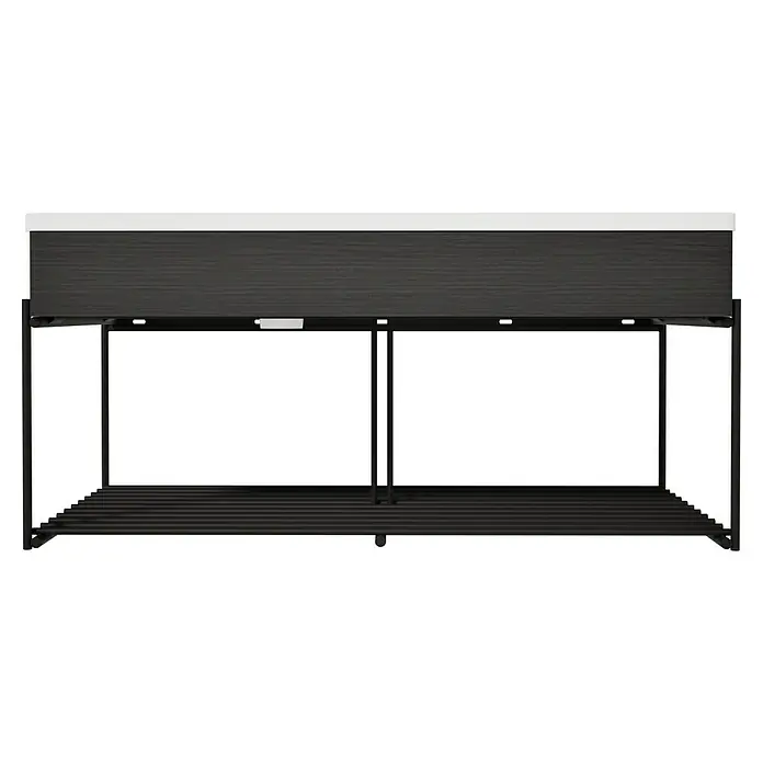 VitrA Equal Badmöbel-Set - Gesamtbreite Badmöbel: 103 cm, Weiß/Schwarz-Eiche, Glänzend, 3 -tlg., Mit Gestell - Schwarze Holzmaserungs-Aufbewahrungseinheit mit weißer Platte, schwarzem Metallrahmen und Lattenrost-Unterboden.