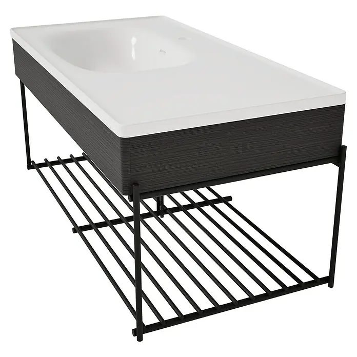 VitrA Equal Badmöbel-Set - Gesamtbreite Badmöbel: 103 cm, Weiß/Schwarz-Eiche, Glänzend, 3 -tlg., Mit Gestell - Moderne Waschtischkombination mit weißem Becken, dunkelgrauem Holzdekor und schwarzem Metallgestell mit Lattenablage.