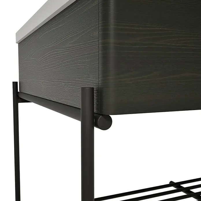 VitrA Equal Badmöbel-Set - Gesamtbreite Badmöbel: 103 cm, Steingrau/Ulme, Matt, 3 -tlg., Mit Gestell - Dunkler Holzwaschtisch mit weißer Platte und schwarzem Metallgestell.