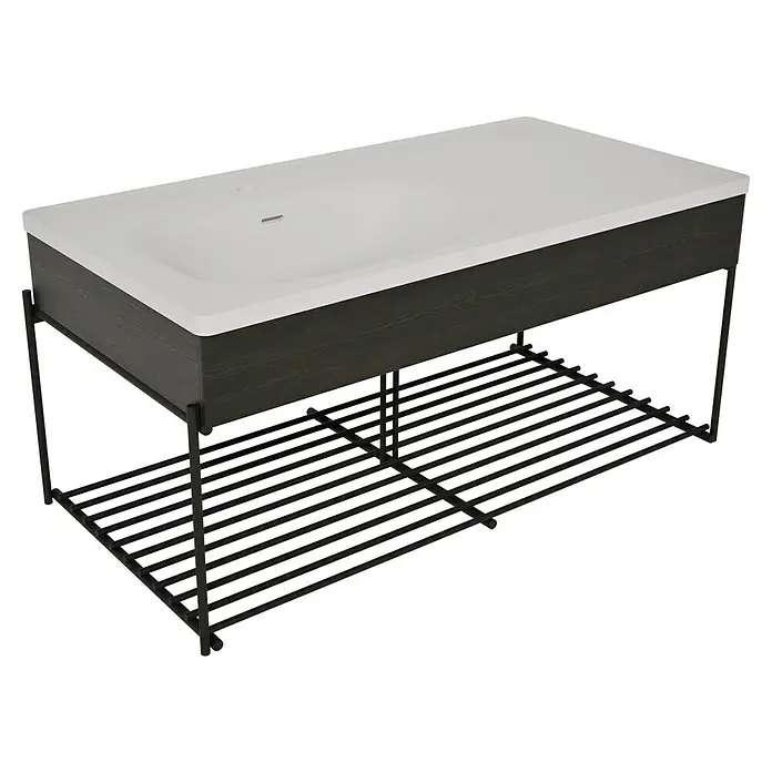 VitrA Equal Badmöbel-Set - Gesamtbreite Badmöbel: 103 cm, Steingrau/Ulme, Matt, 3 -tlg., Mit Gestell - Dunkler Holzwaschtisch mit weißem Waschbecken auf schwarzem Metallgestell mit Lattenrostablage.
