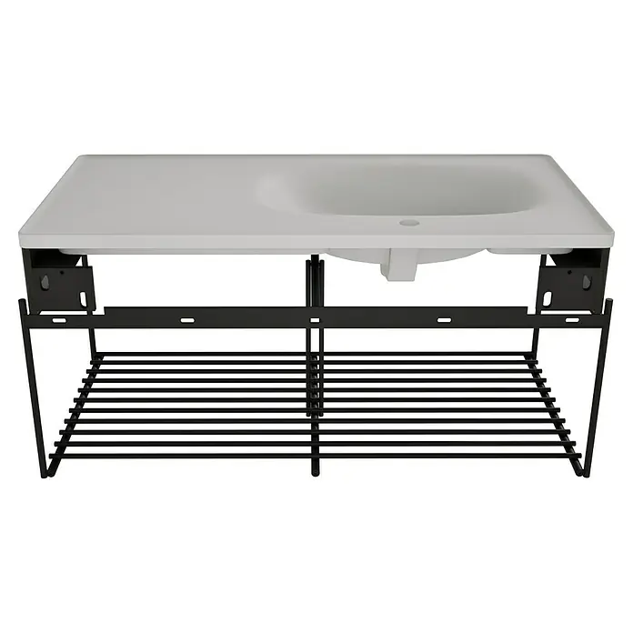 VitrA Equal Badmöbel-Set - Gesamtbreite Badmöbel: 103 cm, Steingrau/Ulme, Matt, 3 -tlg., Mit Gestell - Weißes Waschbecken mit integriertem schwarzem Metallrahmen und Lattenablage.