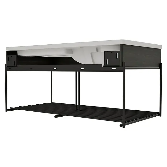 VitrA Equal Badmöbel-Set - Gesamtbreite Badmöbel: 103 cm, Steingrau/Ulme, Matt, 3 -tlg., Mit Gestell - Badezimmermöbel mit weißer Platte, dunklem Holzschrank und schwarzem Metallgestell mit Lattenregal.