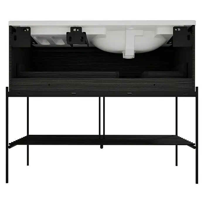 VitrA Equal Badmöbel-Set - Gesamtbreite Badmöbel: 103 cm, Weiß/Schwarz-Eiche, Glänzend, 3 -tlg., Mit Gestell und Schublade - Untersicht eines Badezimmer-Waschtischunterschranks mit weißem Waschbecken, dunklem Schrank und schwarzem Metallgestell mit Lattenrost.