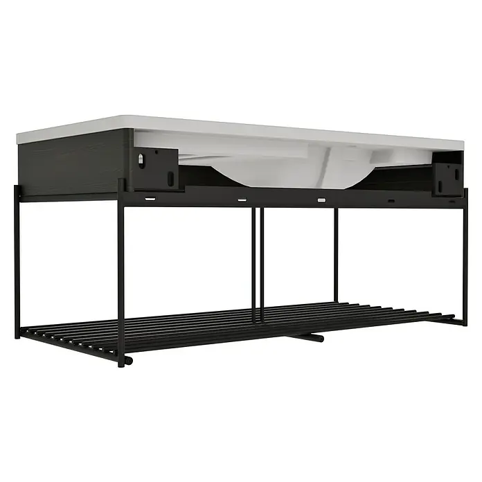 VitrA Equal Badmöbel-Set - Gesamtbreite Badmöbel: 103 cm, Steingrau/Ulme, Matt, 3 -tlg., Mit Gestell - Unterseite eines modernen Badwaschtisches: weißes Waschbecken, dunkler Holzschrank, schwarzes Metallgestell mit Lattenrost.