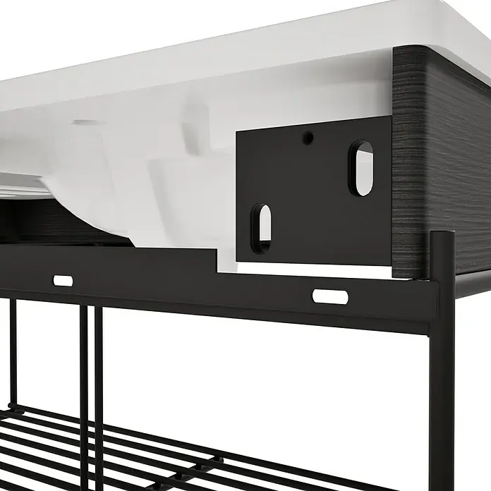 VitrA Equal Badmöbel-Set - Gesamtbreite Badmöbel: 103 cm, Weiß/Schwarz-Eiche, Glänzend, 3 -tlg., Mit Gestell - Unterseite eines weißen Waschbeckens auf dunklem Holzschrank, gestützt von schwarzem Metallrahmen mit Regal.