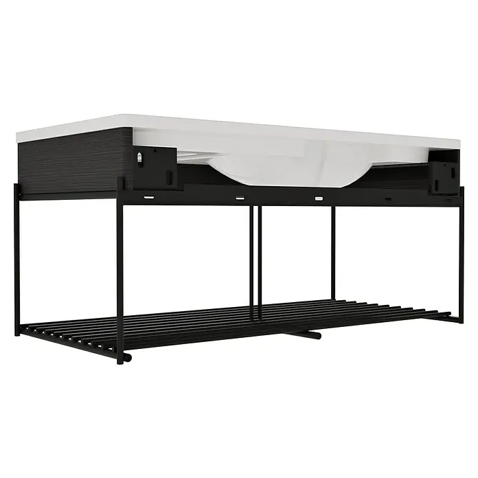 VitrA Equal Badmöbel-Set - Gesamtbreite Badmöbel: 103 cm, Weiß/Schwarz-Eiche, Glänzend, 3 -tlg., Mit Gestell - Moderne Badmöbel: weißes Keramikwaschbecken, dunkler Holzschrank, schwarzes Metallgestell mit Lamellenablage.