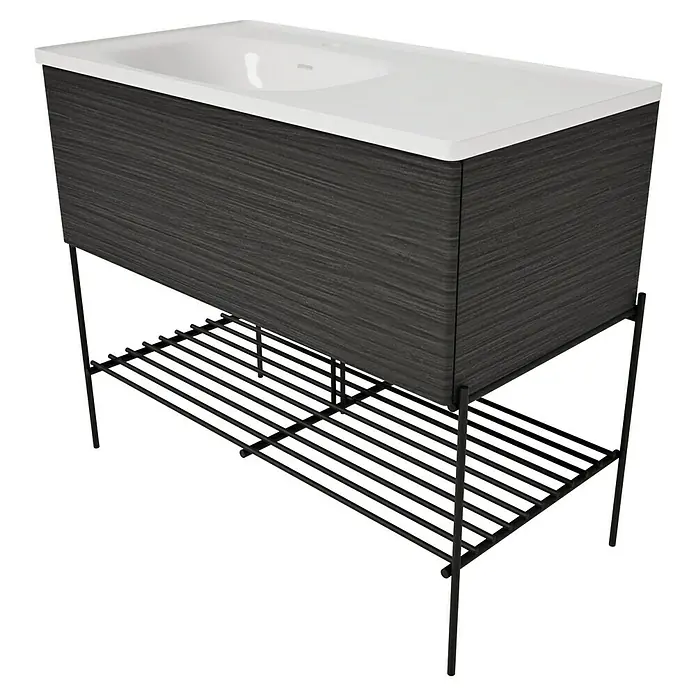 VitrA Equal Badmöbel-Set - Gesamtbreite Badmöbel: 103 cm, Weiß/Schwarz-Eiche, Glänzend, 3 -tlg., Mit Gestell und Schublade - Dunkelgrauer Waschtischunterschrank in Holzoptik mit weißem Waschbecken und schwarzem Metallgestell mit Lamellenablage.