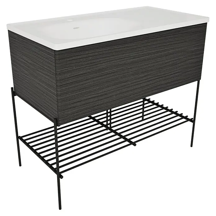VitrA Equal Badmöbel-Set - Gesamtbreite Badmöbel: 103 cm, Weiß/Schwarz-Eiche, Glänzend, 3 -tlg., Mit Gestell und Schublade - Dunkelgrauer Waschtischunterschrank mit weißem Waschbecken und schwarzem Metallrahmen mit Lattenrostablage.