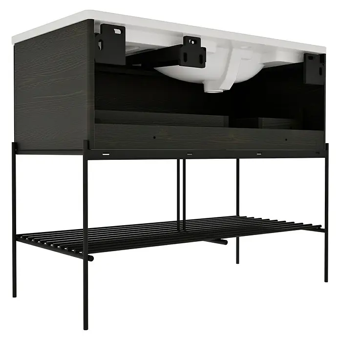 VitrA Equal Badmöbel-Set - Gesamtbreite Badmöbel: 103 cm, Weiß/Ulme, Glänzend, 3 -tlg., Mit Gestell und Schublade - Dunkler Holz-Waschtischunterschrank mit weißem Waschbecken und schwarzem Metallgestell mit Lattenrost.