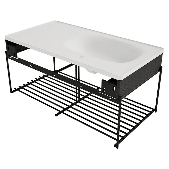 VitrA Equal Badmöbel-Set - Gesamtbreite Badmöbel: 103 cm, Weiß/Schwarz-Eiche, Glänzend, 3 -tlg., Mit Gestell - Weißes rechteckiges Waschbecken mit integriertem Becken, dunkelgrauem Holzsockel und schwarzem Metallgestell mit Lattenrost.