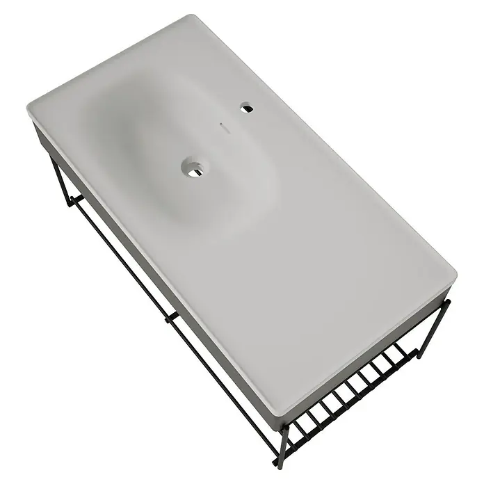 VitrA Equal Badmöbel-Set - Gesamtbreite Badmöbel: 103 cm, Steingrau/Ulme, Matt, 3 -tlg., Mit Gestell - Rechteckiges graues Waschbecken mit integriertem Becken auf schwarzem Metallgestell.
