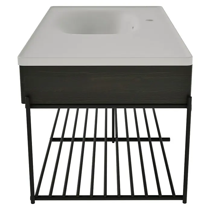 VitrA Equal Badmöbel-Set - Gesamtbreite Badmöbel: 103 cm, Steingrau/Ulme, Matt, 3 -tlg., Mit Gestell - Moderner Waschtischunterschrank mit weißem integriertem Waschbecken, dunklem Holzschrank und schwarzem Metallgestell mit Lattenrostablage.