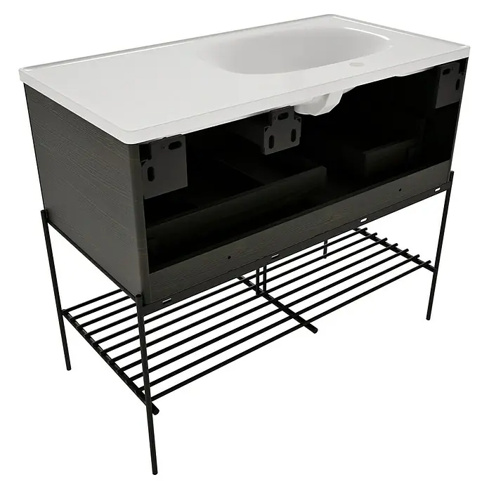 VitrA Equal Badmöbel-Set - Gesamtbreite Badmöbel: 103 cm, Weiß/Ulme, Glänzend, 3 -tlg., Mit Gestell und Schublade - Moderner Badezimmerunterschrank mit integriertem weißen Waschbecken, dunklem Holzschrank und schwarzem Metallgestell mit Lamellenablage.