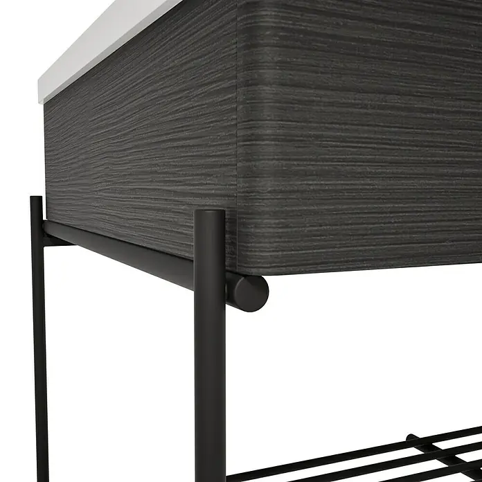 VitrA Equal Badmöbel-Set - Gesamtbreite Badmöbel: 103 cm, Weiß/Schwarz-Eiche, Glänzend, 3 -tlg., Mit Gestell - Dunkelgrauer Schrank in Holzoptik mit weißer Platte und schwarzem Metallgestell.