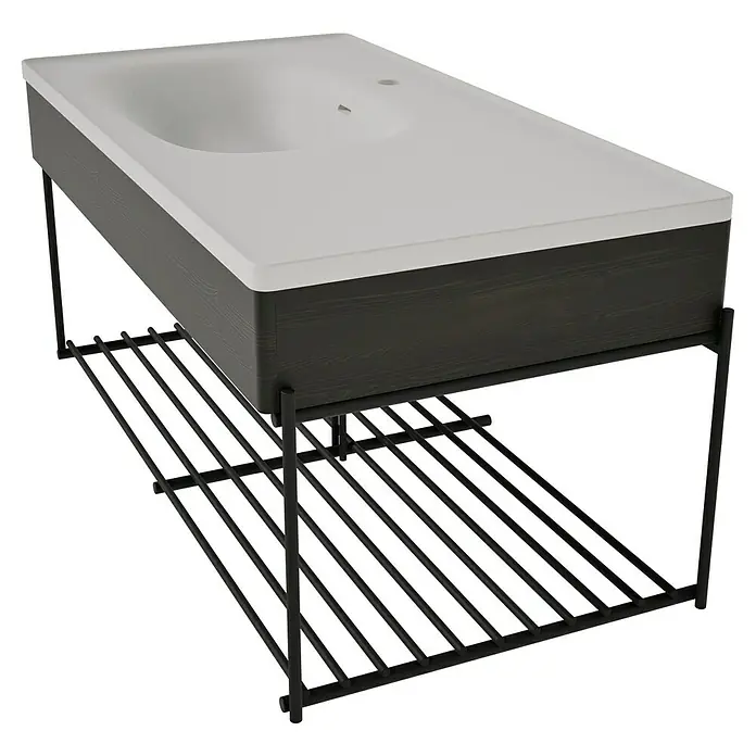 VitrA Equal Badmöbel-Set - Gesamtbreite Badmöbel: 103 cm, Steingrau/Ulme, Matt, 3 -tlg., Mit Gestell - Moderne Badmöbel mit weißem Rechteckwaschbecken, dunklem Holzschrank und schwarzem Metallgestell mit Lattenablage.