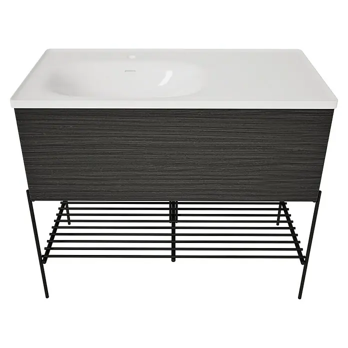 VitrA Equal Badmöbel-Set - Gesamtbreite Badmöbel: 103 cm, Weiß/Schwarz-Eiche, Glänzend, 3 -tlg., Mit Gestell und Schublade - Dunkle Holzmaserung Waschtisch mit weißem Becken und schwarzem Metallgestell mit Gitterablage.