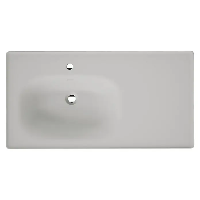 VitrA Equal Badmöbel-Set - Gesamtbreite Badmöbel: 103 cm, Steingrau/Ulme, Matt, 3 -tlg., Mit Gestell - Graues rechteckiges Waschbecken mit integriertem Becken, Wasserhahn- und Abflusslöchern.