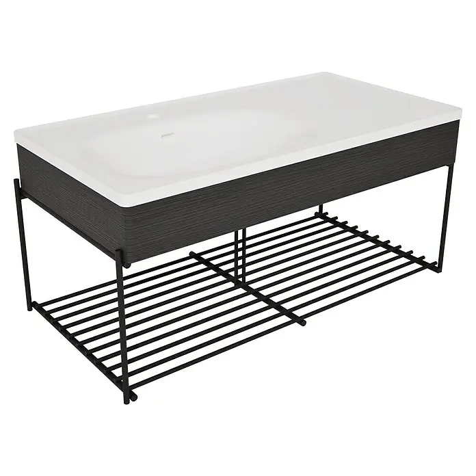 VitrA Equal Badmöbel-Set - Gesamtbreite Badmöbel: 103 cm, Weiß/Schwarz-Eiche, Glänzend, 3 -tlg., Mit Gestell - Weißes Rechteckwaschbecken auf dunkelgrauem Waschtisch mit Holzoptik, schwarzen Metallbeinen und Lamellenablage.