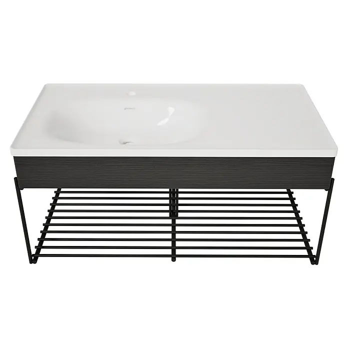 VitrA Equal Badmöbel-Set - Gesamtbreite Badmöbel: 103 cm, Weiß/Schwarz-Eiche, Glänzend, 3 -tlg., Mit Gestell - Weißer Badwaschtisch mit dunkelgrauem Holzschrank und schwarzem Metallgestell mit Lattenrost.