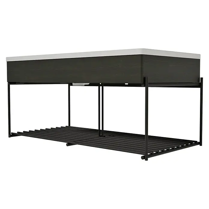 VitrA Equal Badmöbel-Set - Gesamtbreite Badmöbel: 103 cm, Steingrau/Ulme, Matt, 3 -tlg., Mit Gestell - Dunkle Holzkonsole mit weißer Platte und schwarzem Metallgestell mit Lattenrost.